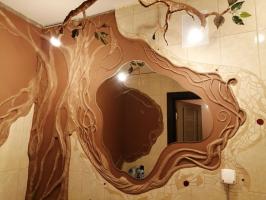Wanneer we kijken naar de saaie muren in de badkamer wilde ik het levendiger te maken: badkamerrenovatie in Eco-stijl