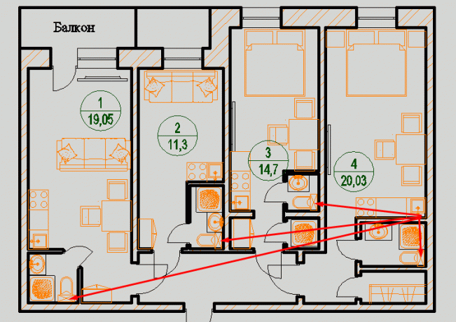In investremonte drainage van de totale riser vindt plaats in elke kamer van het appartement.